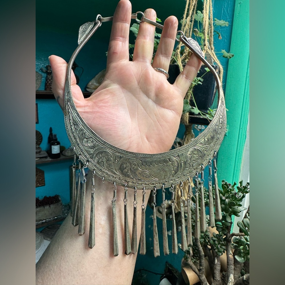 Thailand Hill Tribe Bib Necklace, 18 in, Silver Tone, Elephant Motif, Symbolical